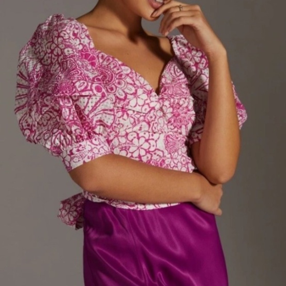 Maeve Pink Floral Puff Sleeve Crop Top
